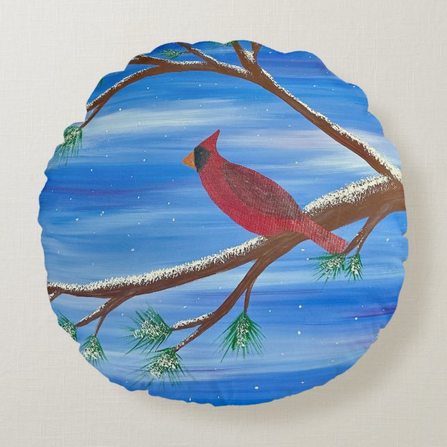 Winter Cardinal Round Cushion (Front)