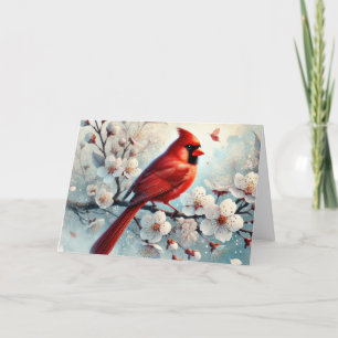 Winter Cardinal with Flowers Christmas Holiday Card