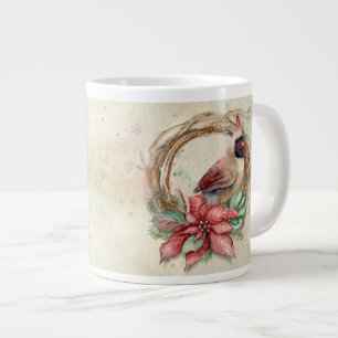 Winter Cardinal with Poinsettia - Snow Large Coffee Mug