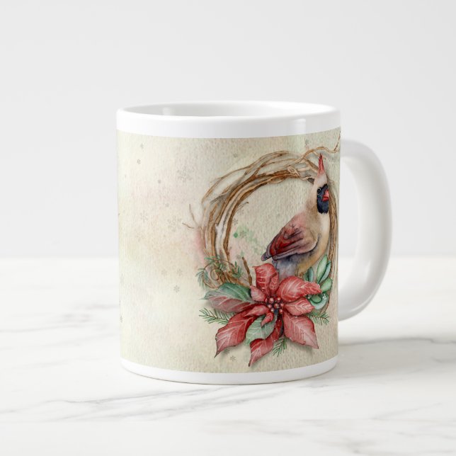 Winter Cardinal with Poinsettia - Snow Large Coffee Mug (Front Right)