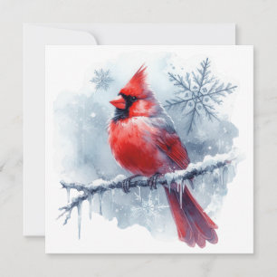 Winter Cardinal with Snowflakes on Icy Branch Card