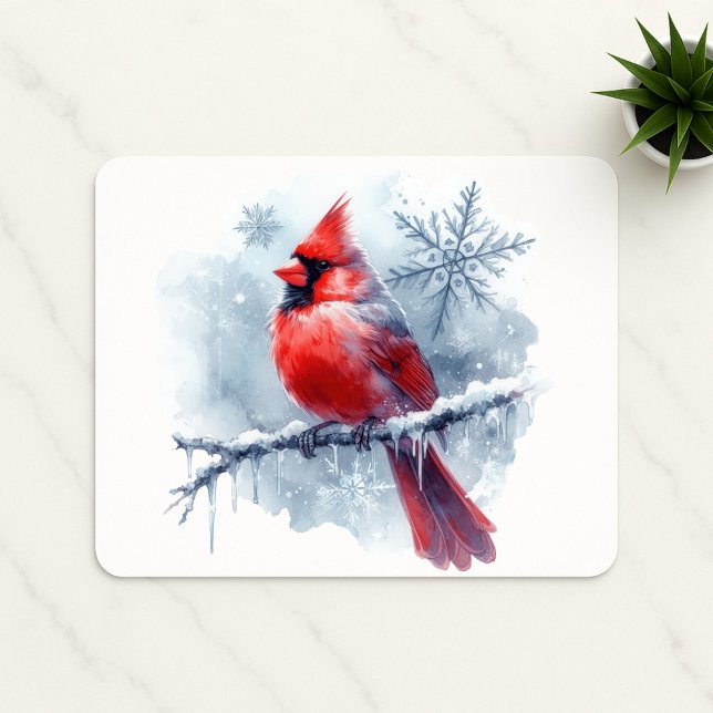 Winter Cardinal with Snowflakes on Icy Branch Mouse Mat (Creator Uploaded)