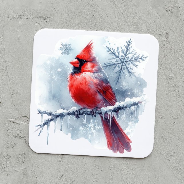 Winter Cardinal with Snowflakes on Icy Branch Square Sticker (Creator Uploaded)