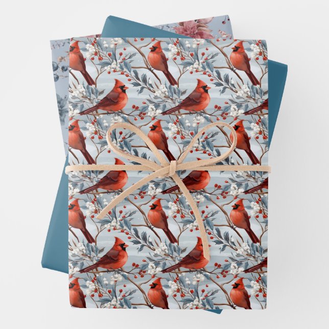 Winter Cardinals and Florals Christmas Wrapping Paper Sheet (In situ)