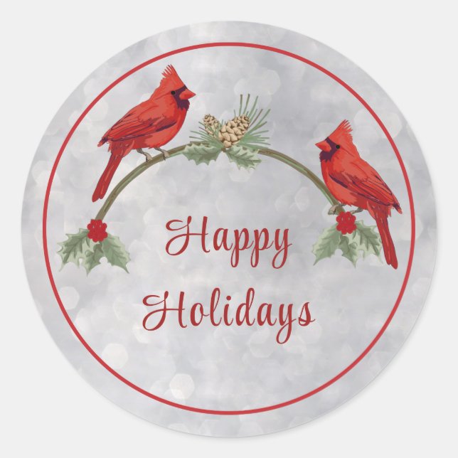 Winter Cardinals and Pines Classic Round Sticker (Front)