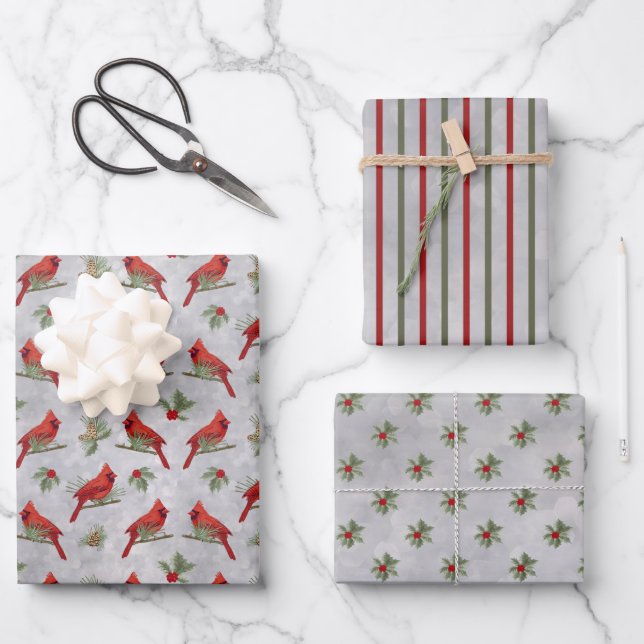 Winter Cardinals and Pines Wrapping Paper Sheets (Front)