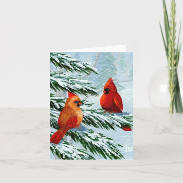 Winter Cardinals Birds Snow Creationarts Holiday Card (Front)