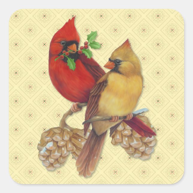 Winter Cardinals Pine and Holly Square Sticker (Front)