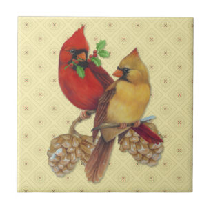 Winter Cardinals Pine and Holly Tile