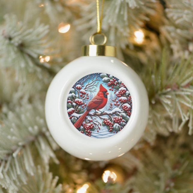 Winter Cardinal's Song" - Festive Nature Decor Ceramic Ball Christmas Ornament (Tree)