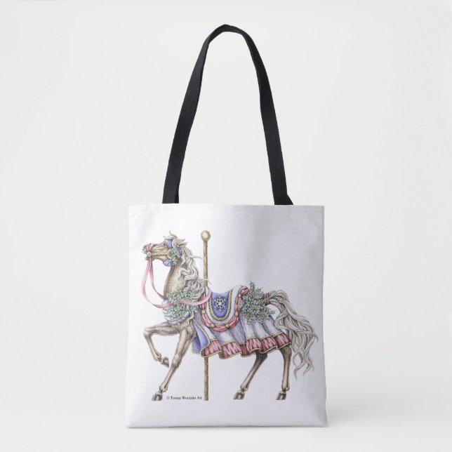 Winter Carousel Horse Pen and Ink Drawing Tote Bag (Front)