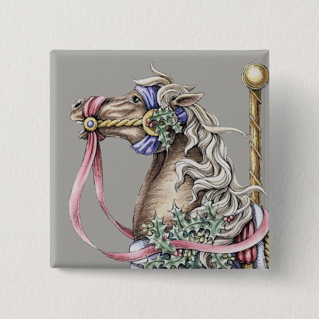 Winter Carousel Horse Square Button (Front)