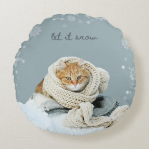 Winter Cat Let It Snow Round Throw Pillow