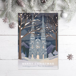 Winter Cathedral Illustrated Christmas Blue Holiday Card