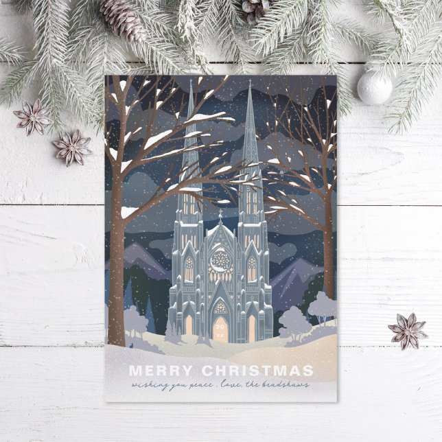 Winter Cathedral Illustrated Christmas Blue Holiday Card (Creator Uploaded)
