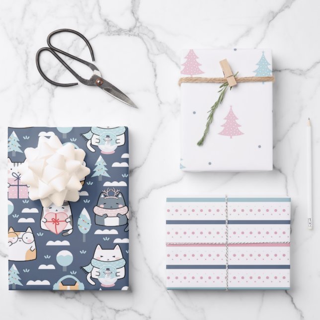 Winter Cats Fun Pastel Holiday Christmas Wrapping Paper Sheet (Front)