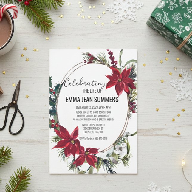 Winter Celebration of Life Christmas Poinsettia  Invitation (Creator Uploaded)