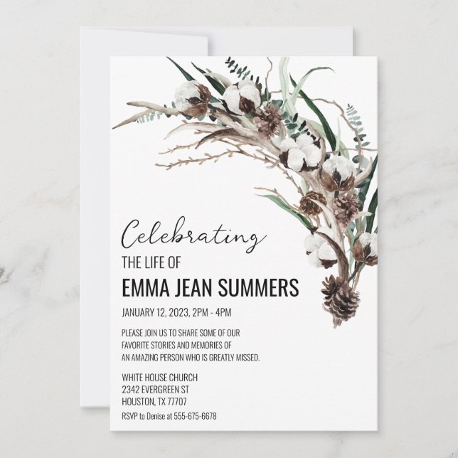 Winter Celebration of Life Cotton Greenery Invitation (Front)