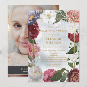 Winter Celebration of Life Funeral Floral Photo Invitation
