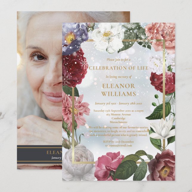 Winter Celebration of Life Funeral Floral Photo Invitation (Front/Back)