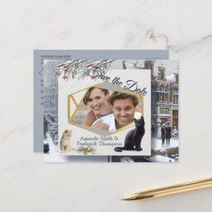 Winter Celebrations in the Snow, with Kittens Announcement Postcard