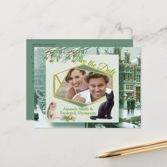 Winter Celebrations in the Snow, with Kittens Announcement Postcard (Front/Back In Situ)