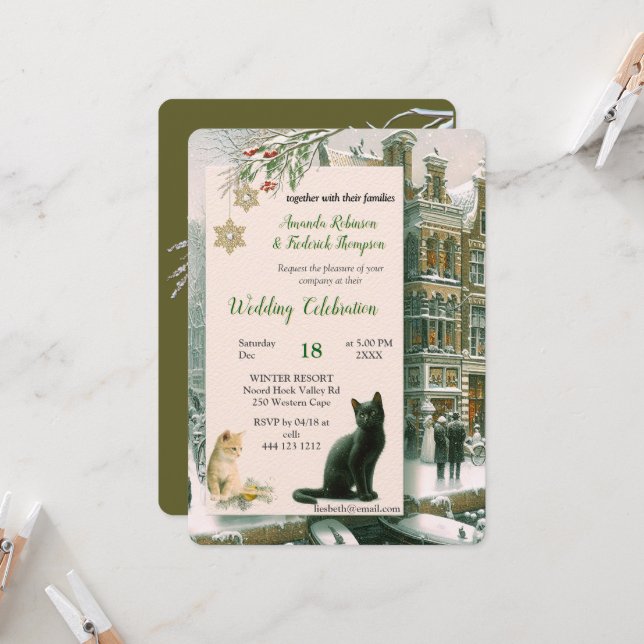 Winter Celebrations in the Snow, with Kittens Invitation (Front/Back In Situ)