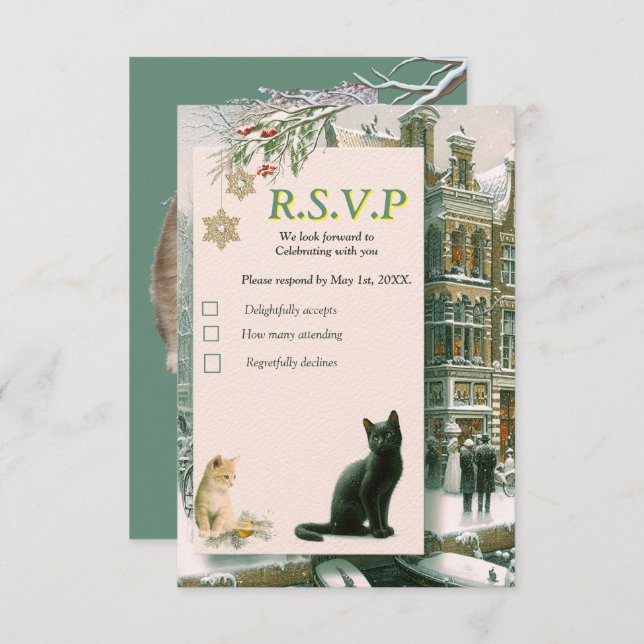 Winter Celebrations in the Snow, with Kittens RSVP Card (Front/Back)