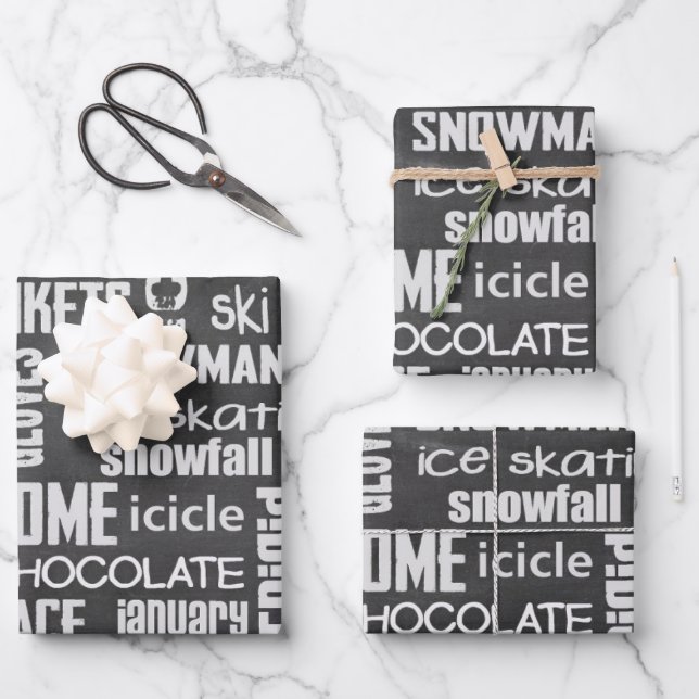 Winter Chalkboard Collage Wrapping Paper Sheet (Front)
