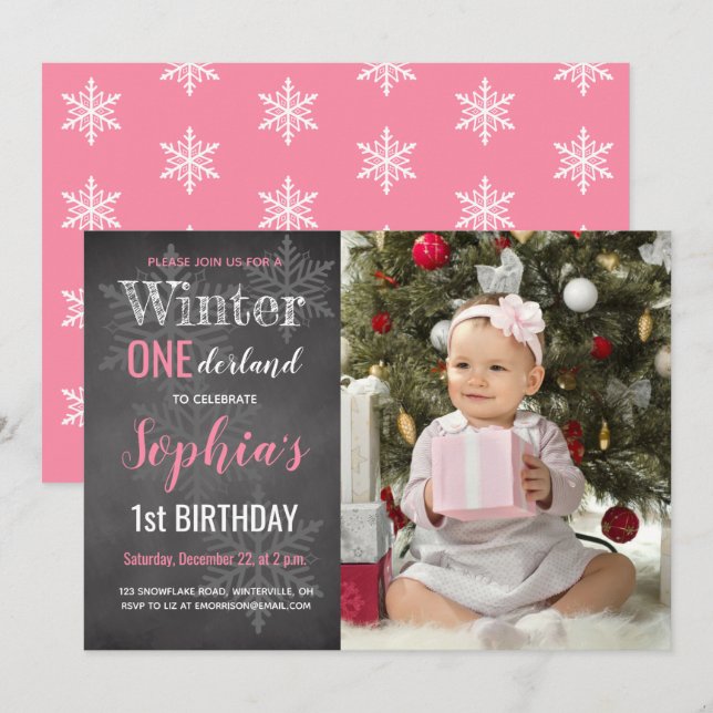 Winter Chalkboard Photo Girl's 1st Birthday Invitation (Front/Back)