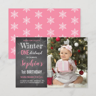 Winter Chalkboard Photo Girl's 1st Birthday Invitation