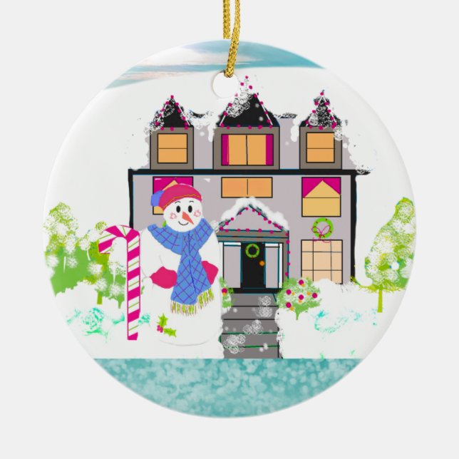 Winter Charm Tudor Style Home Ceramic Ornament (Front)