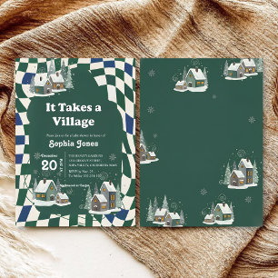 Winter Checkered "It Takes a Village" baby shower Invitation
