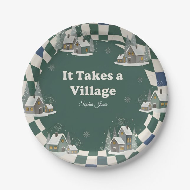 Winter Checkered "It Takes a Village" baby shower  Paper Plate (Front)