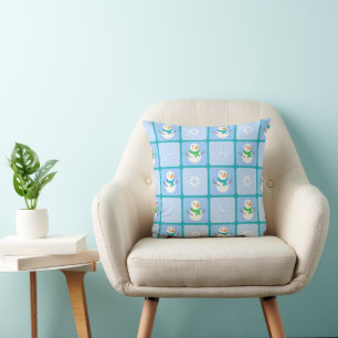 Winter checkered pattern snowman and snowflakes cushion