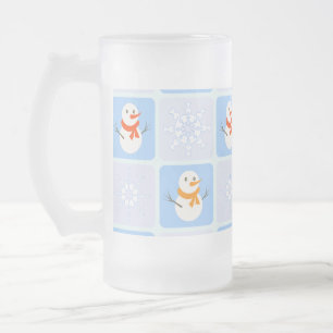 Winter checkered pattern snowman and snowflakes frosted glass beer mug