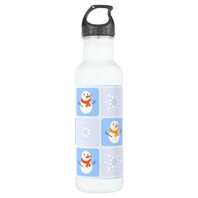 Winter chequered pattern snowman and snowflakes 710 ml water bottle (Front)