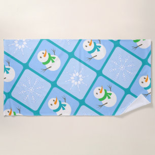 Winter chequered pattern snowman and snowflakes beach towel