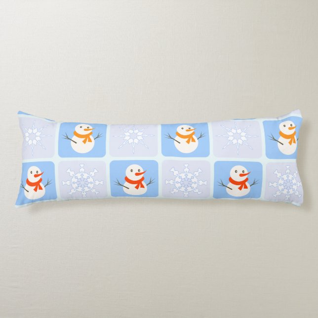 Winter chequered pattern snowman and snowflakes body cushion (Front)