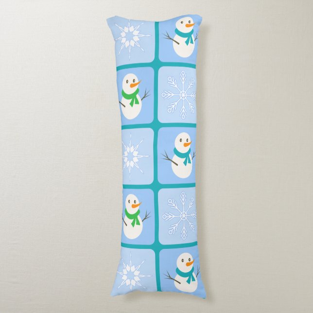 Winter chequered pattern snowman and snowflakes body cushion (Front Vertical)