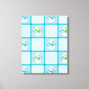 Winter chequered pattern snowman and snowflakes canvas print