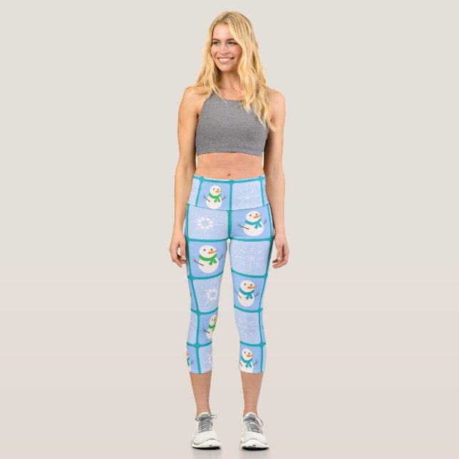 Winter chequered pattern snowman and snowflakes capri leggings (Front)