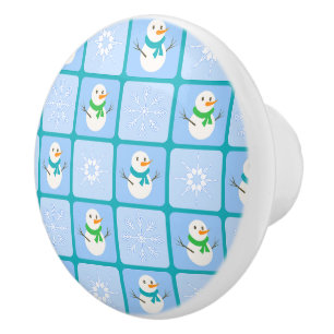 Winter chequered pattern snowman and snowflakes ceramic knob