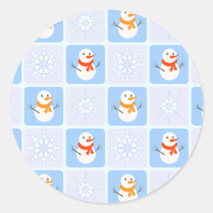 Winter chequered pattern snowman and snowflakes classic round sticker