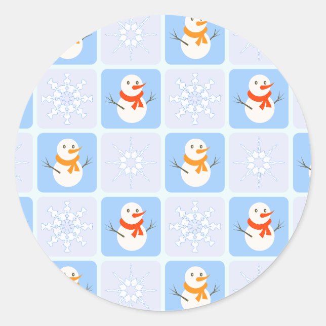 Winter chequered pattern snowman and snowflakes classic round sticker (Front)