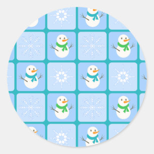 Winter chequered pattern snowman and snowflakes classic round sticker
