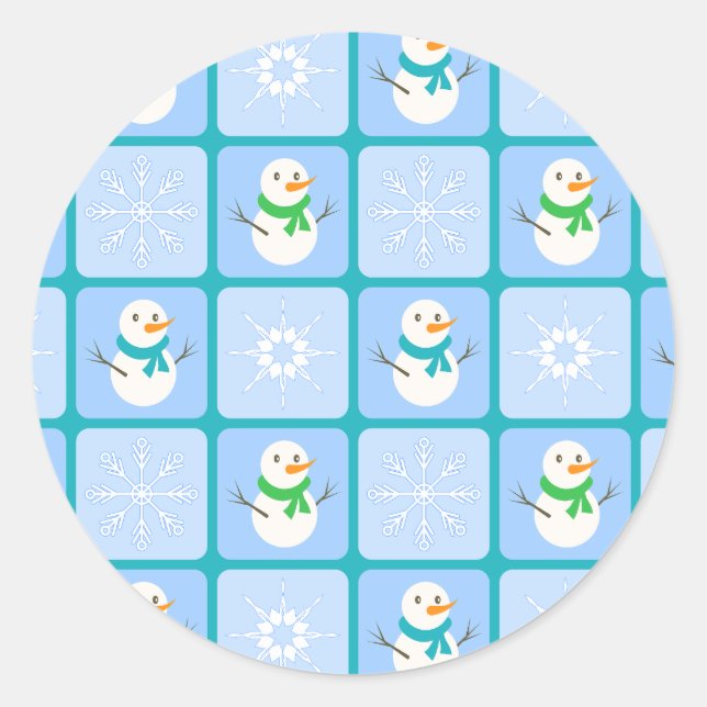 Winter chequered pattern snowman and snowflakes classic round sticker (Front)