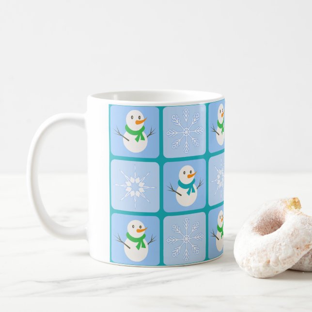 Winter chequered pattern snowman and snowflakes coffee mug (With Donut)