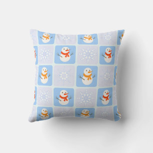 Winter chequered pattern snowman and snowflakes cushion