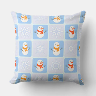Winter chequered pattern snowman and snowflakes cushion